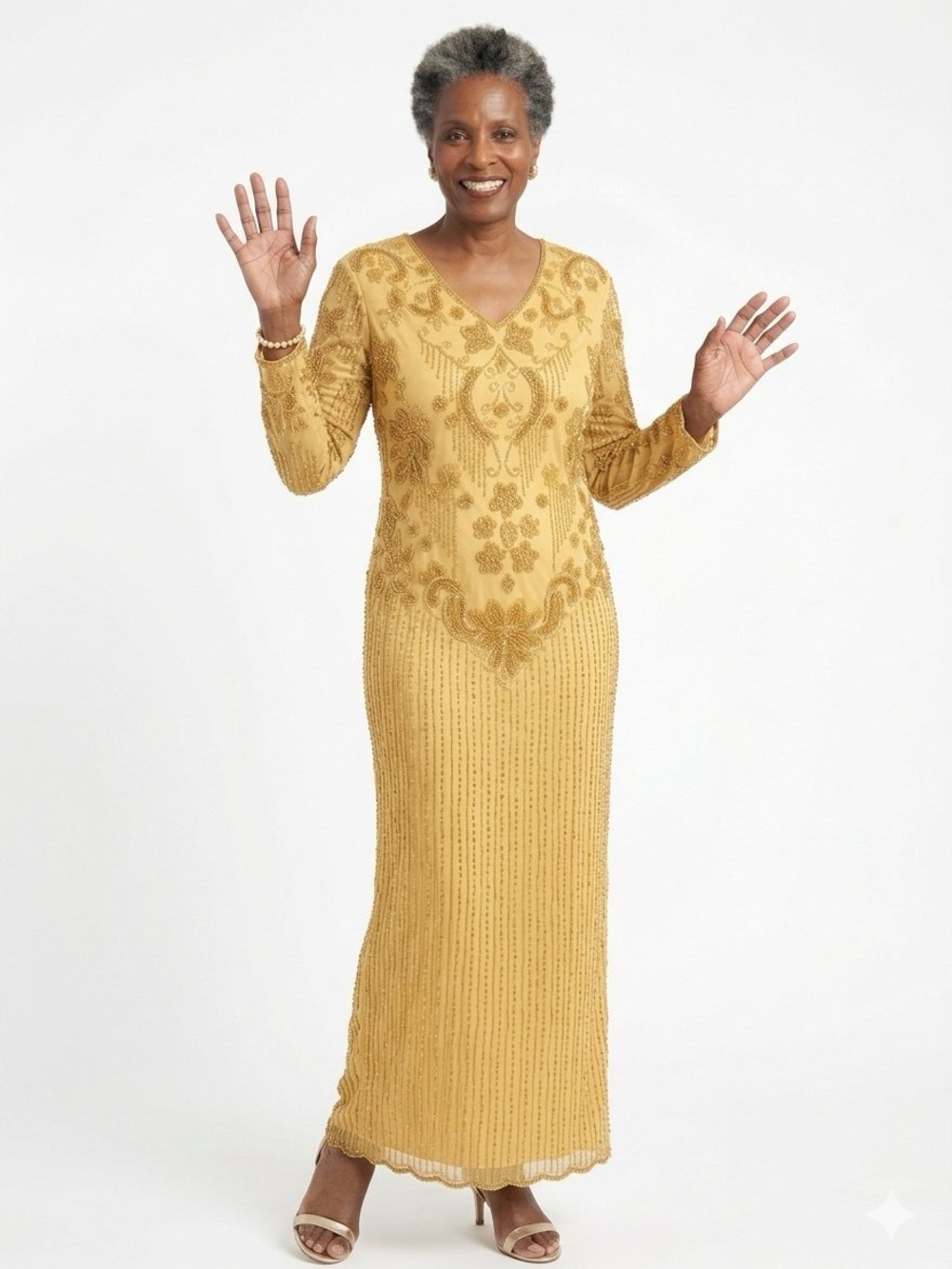 Vintage Gold Silk Beaded Long Sleeve Evening Gown ✨